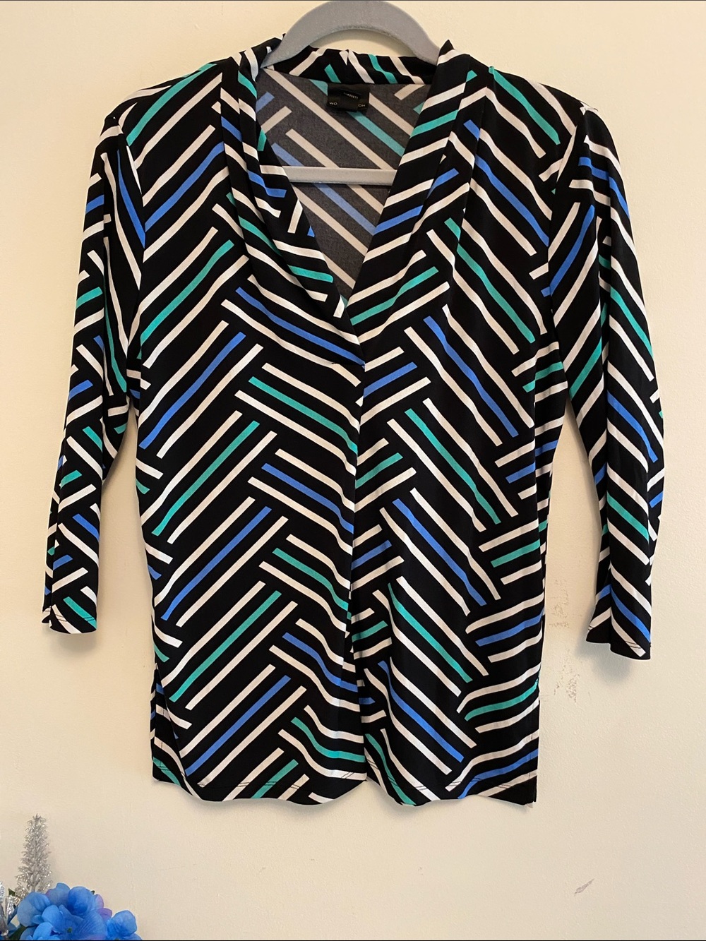 Worthington Black V-Neck Striped Top with Blue & Teal Accents